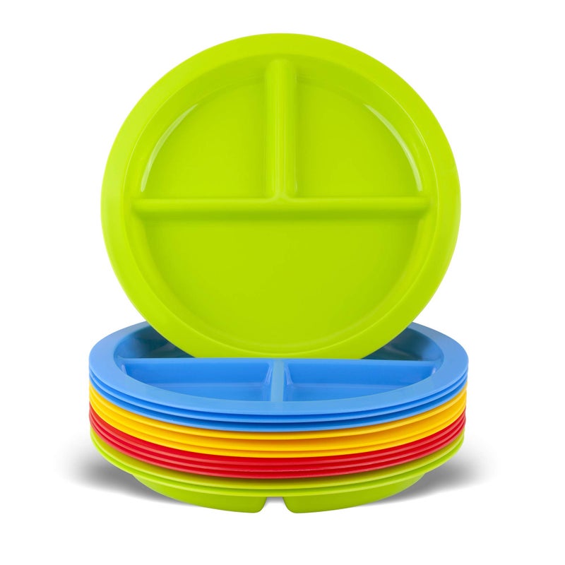 Plaskidy 3 - Compartment Divided Plates for Kids - Set of 12 Plastic Children Trays for Eating with Dividers - 4 Bright Colors (3 of Each Color) Dishwasher Microwave Safe BPA Free for Toddler and Kids - Image 1